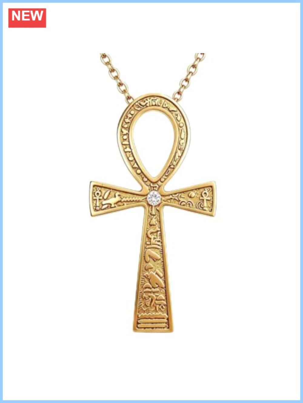 14K Gold Plated Moissanite Ankh Cross Pendant Necklace 18+2in Adjustable